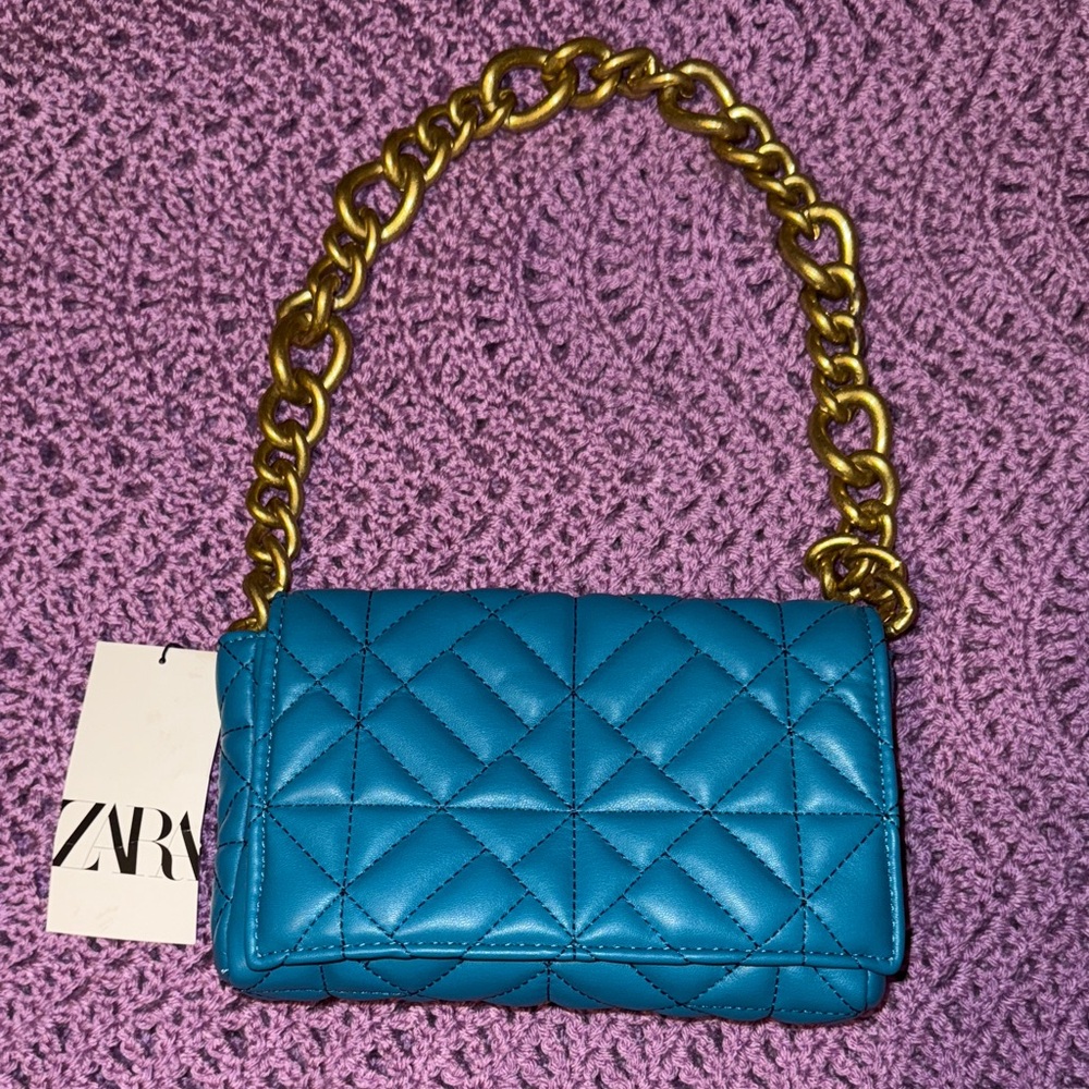 Zara Turquoise Quilted Shoulder Bag with Gold Chain